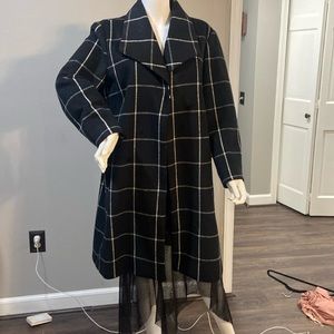 IMAN Womens Jacket Coat Black White Windowpane Knee Length